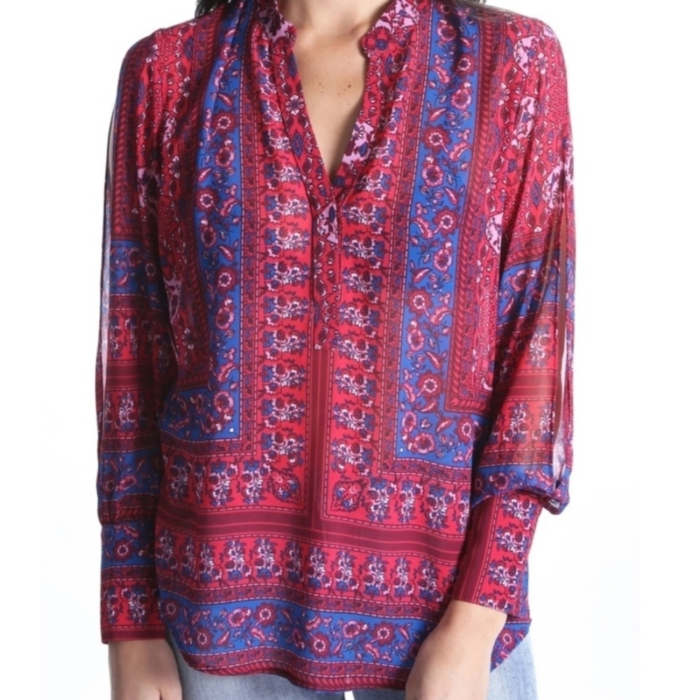 KUT Red and Blue V-Neck Long Benica Slit Sleeve Blouse - Picture 2 of 8